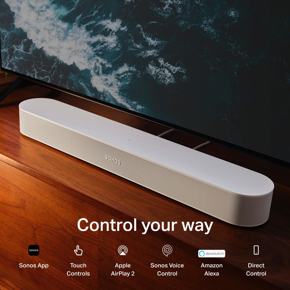 Sonos Beam Gen 2 white AirPlay 2 control for seamless streaming.