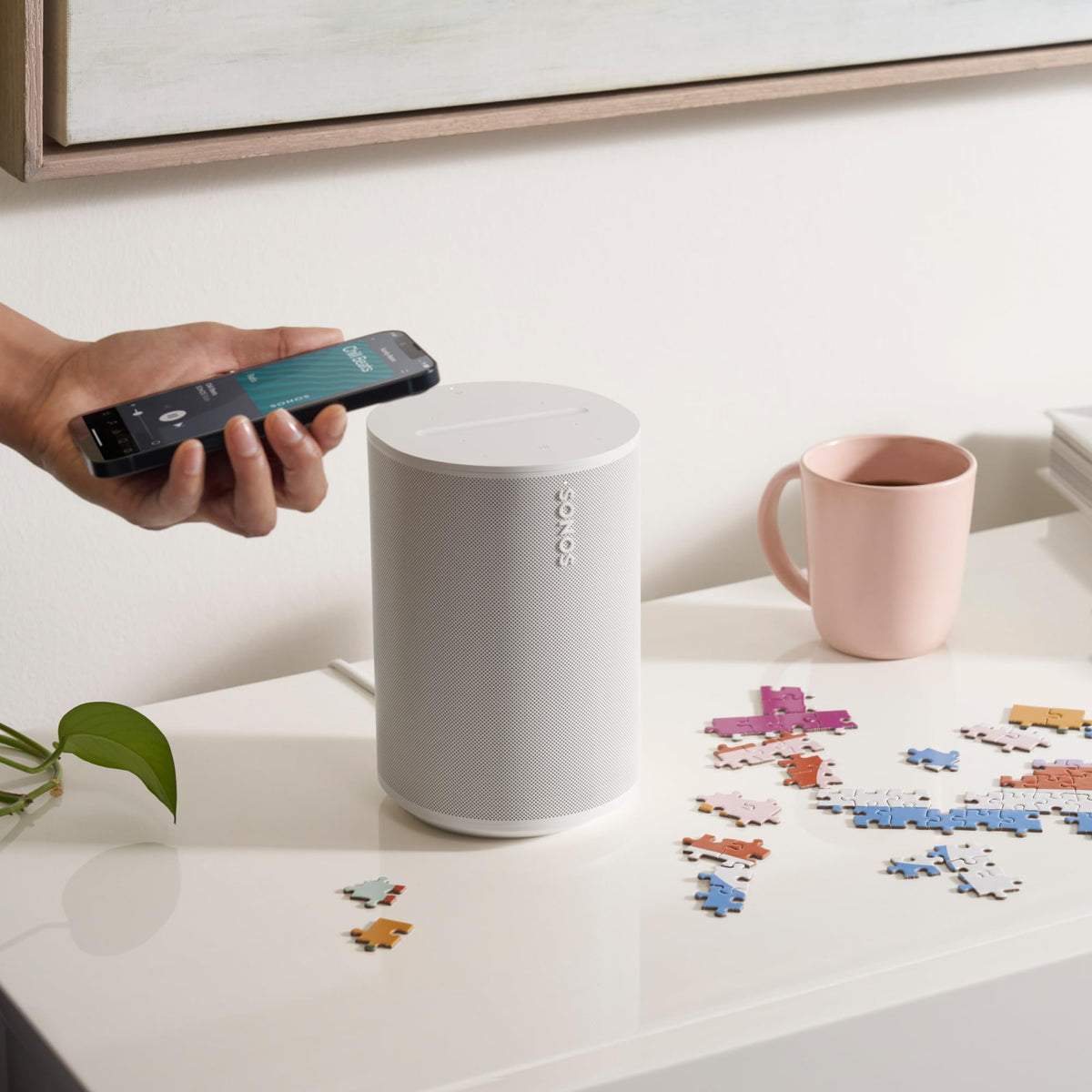 Sonos Era 100 White on shelf, versatile placement anywhere