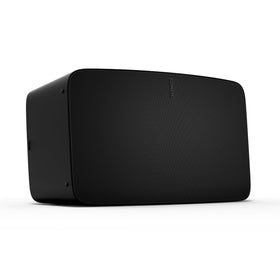 Sonos Five black front view showing powerful, room-filling sound.
