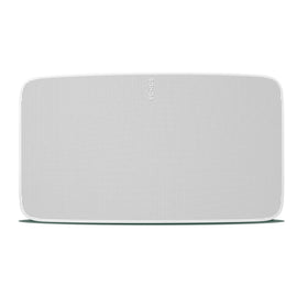 Sonos Five white side view reveals angled drivers for spacious sound.