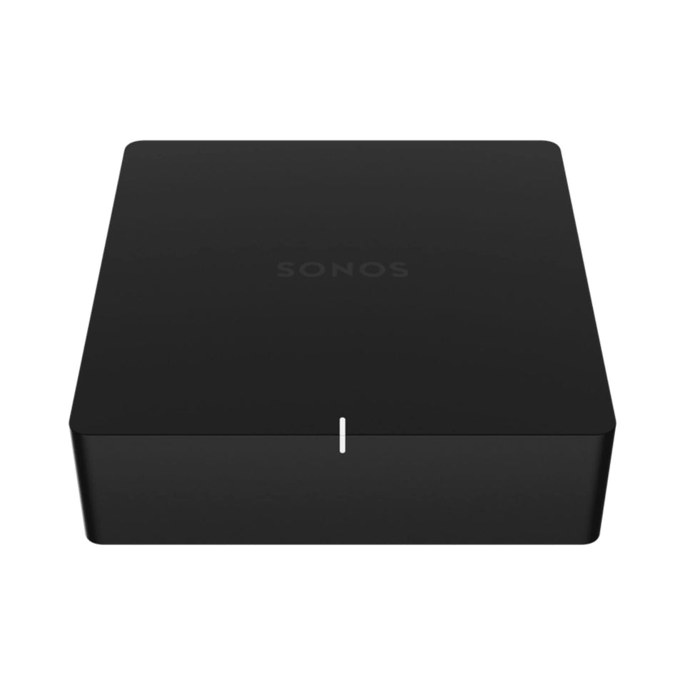 Sonos Port front view highlights a compact design for seamless stereo integration.