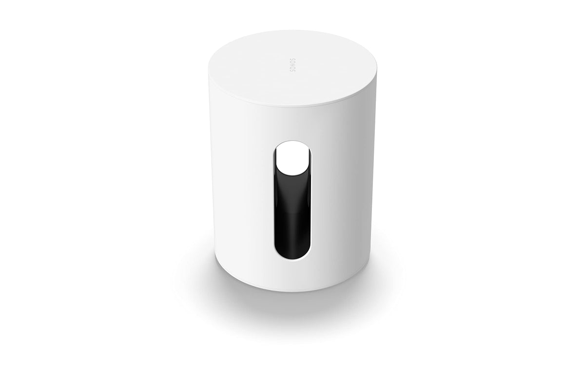 Sonos Sub Mini white front view enhances TV and music with deep bass
