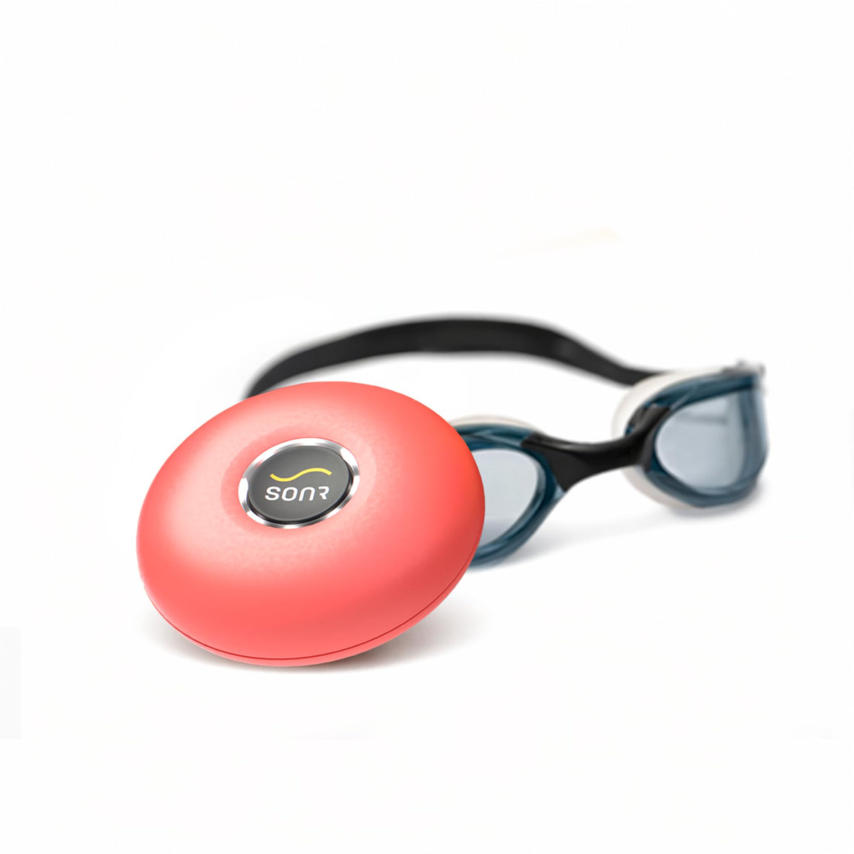 SONR bundle front packaging showing coral player and goggles, convenient all-in-one kit