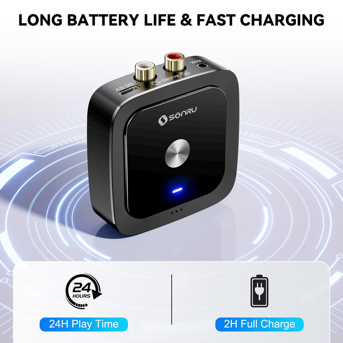 SONRU battery indicator and USB charging port for long 24‑hour playback