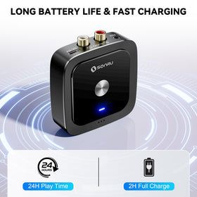 SONRU battery indicator and USB charging port for long 24‑hour playback