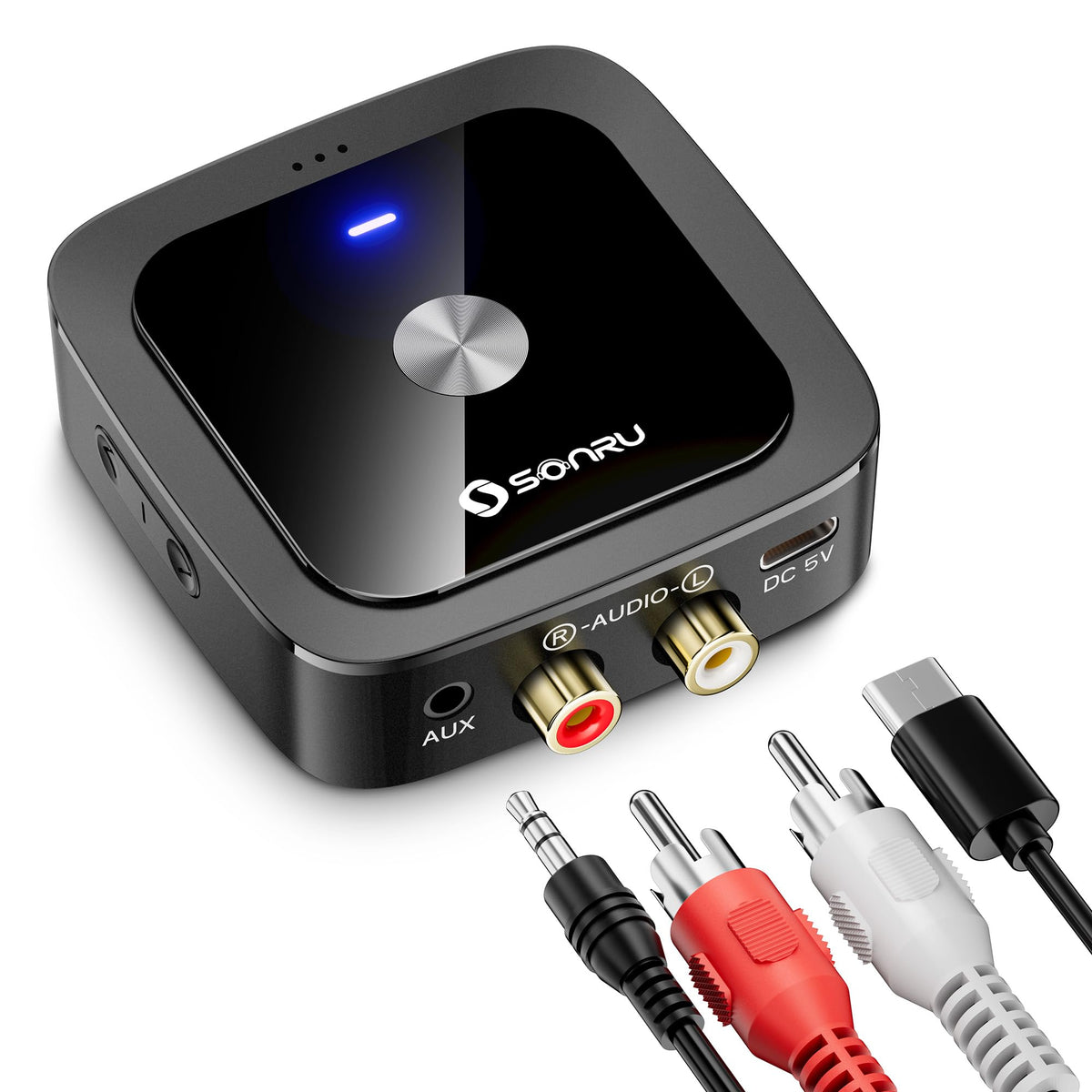 SONRU front panel showing AUX and RCA ports for easy wired connection