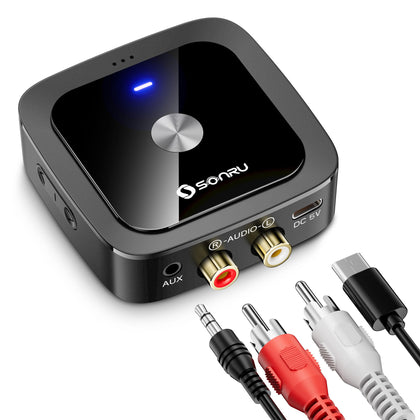 SONRU front panel showing AUX and RCA ports for easy wired connection