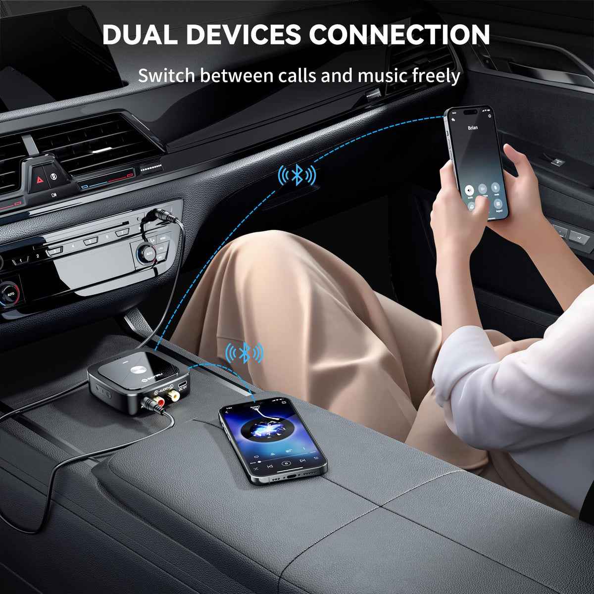 SONRU plugged into car AUX port providing wireless audio for drives