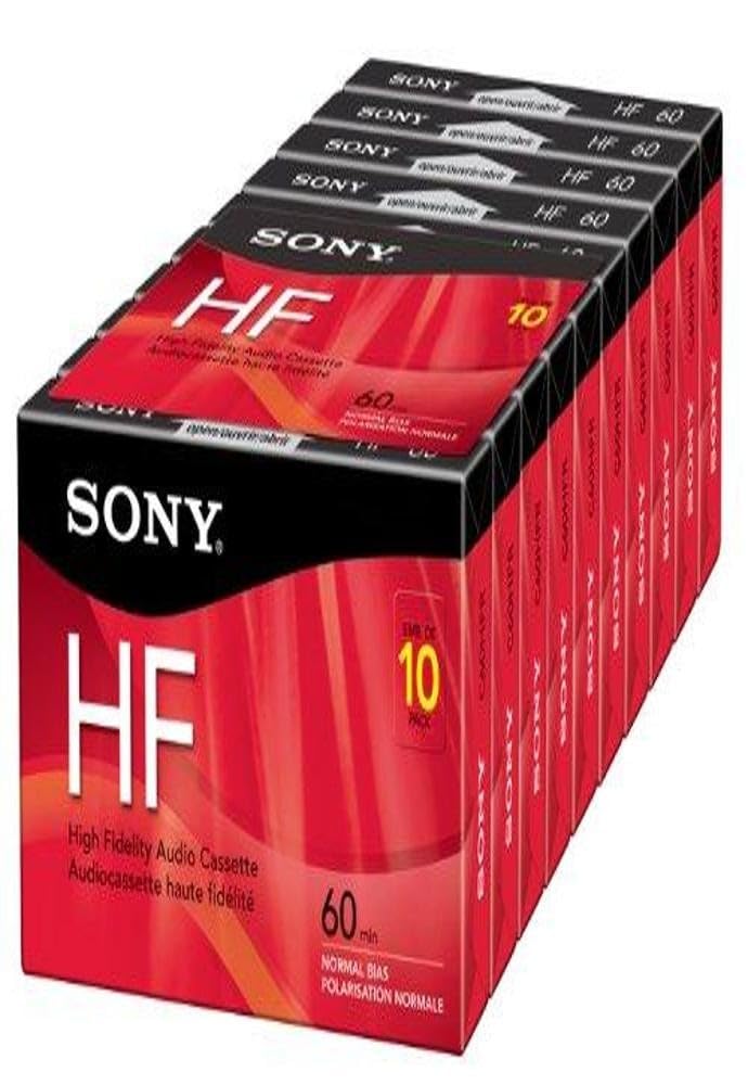 Sony 10C60HFL front packaging showing ten 60-minute HF tapes, reliable recording