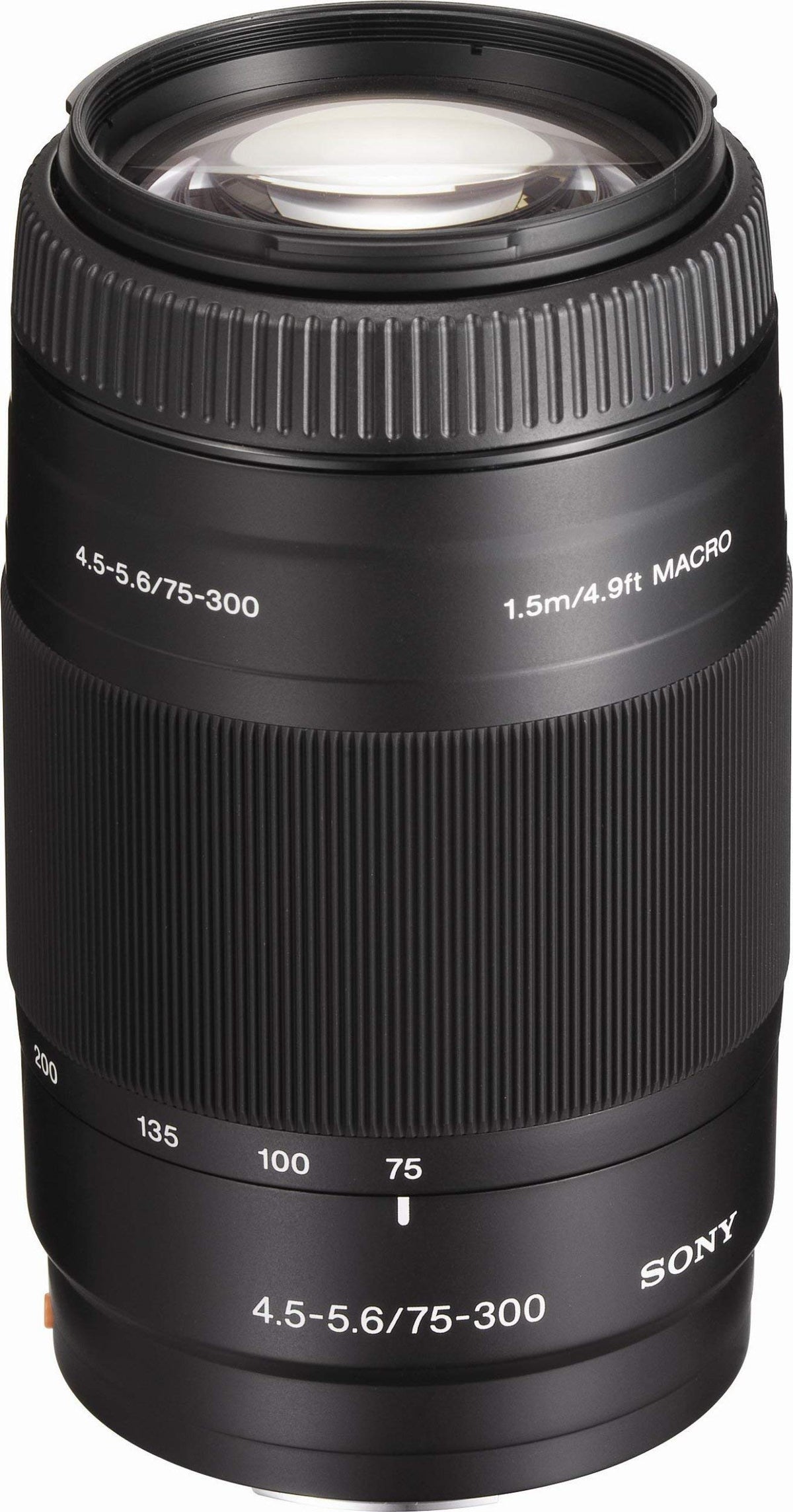 Sony 75-300mm telephoto zoom lens close-up showing compact, portable design.