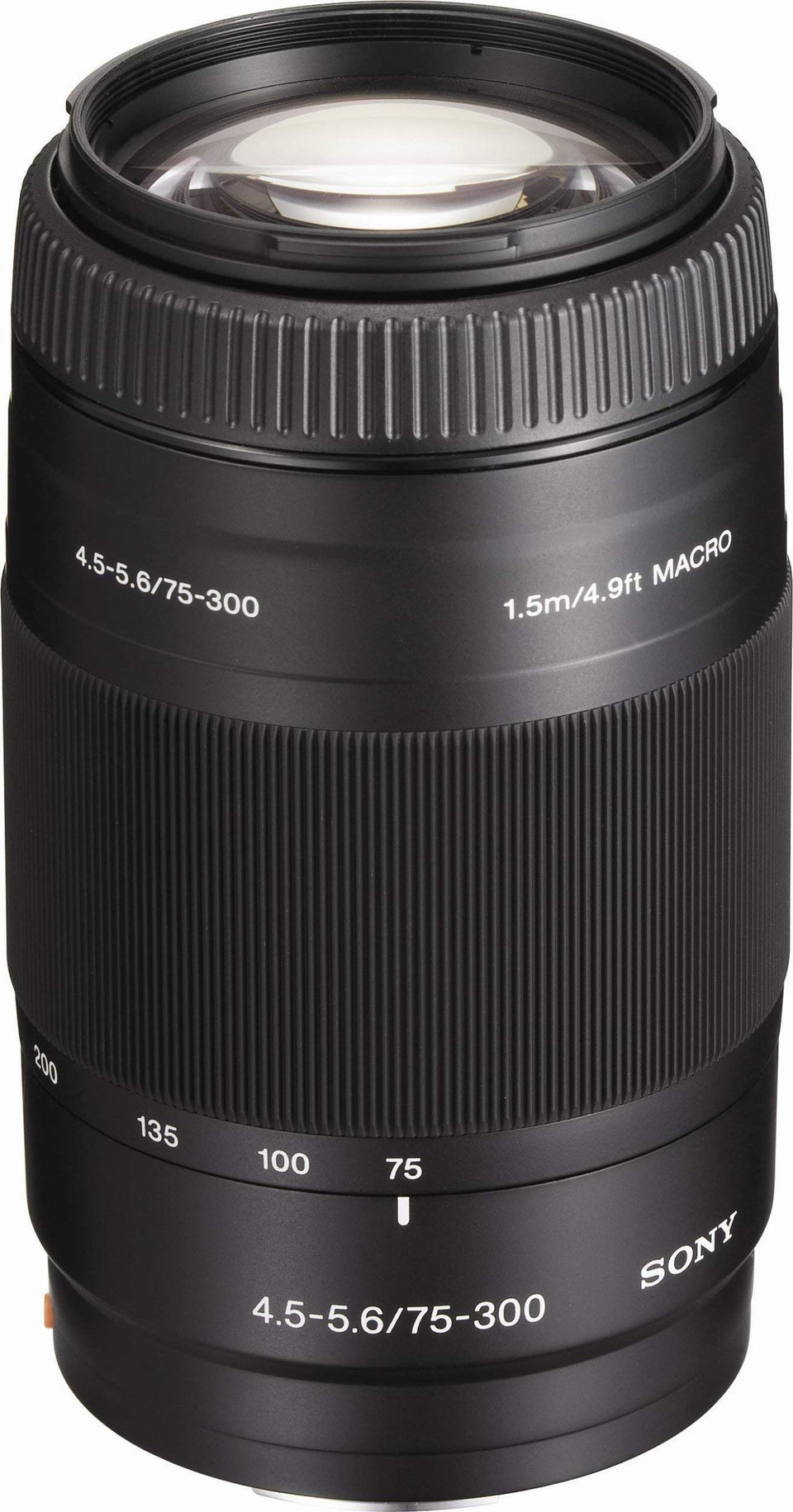 Sony 75-300mm telephoto zoom lens close-up showing compact, portable design.