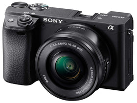 Sony A6400 compact body shown from a side view, ideal for travel photography.