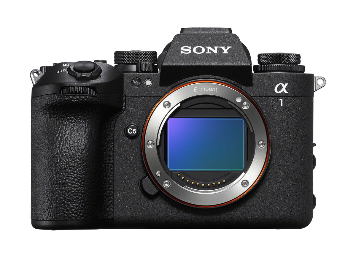 Sony Alpha 1 II body shot front view, ergonomic controls for handheld shooting.