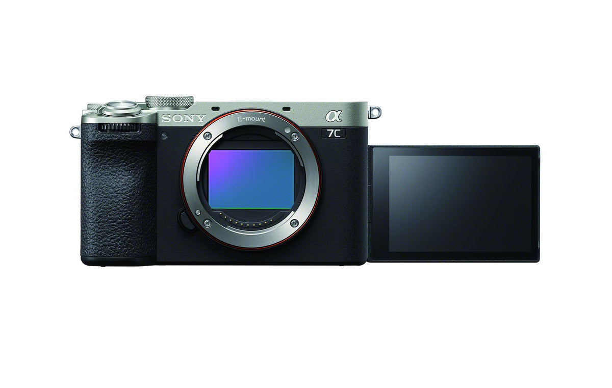 Sony Alpha 7C II silver front view, compact full-frame design ideal for travel