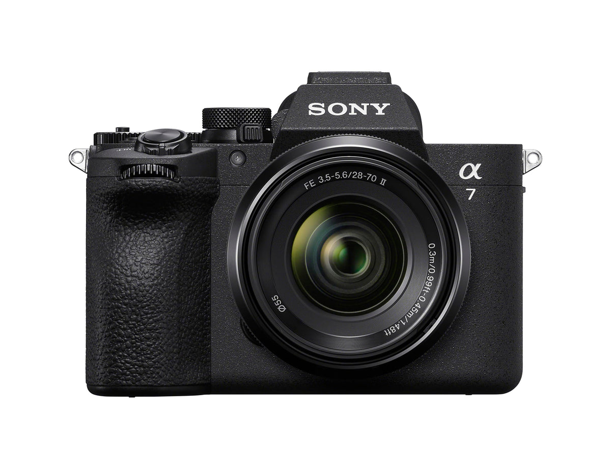 Sony Alpha 7V front view with kit lens, compact design ideal for on-the-go shoots.