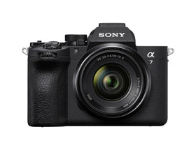 Sony Alpha 7V front view with kit lens, compact design ideal for on-the-go shoots.