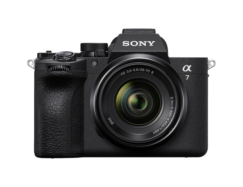 Sony Alpha 7V front view with kit lens, compact design ideal for on-the-go shoots.