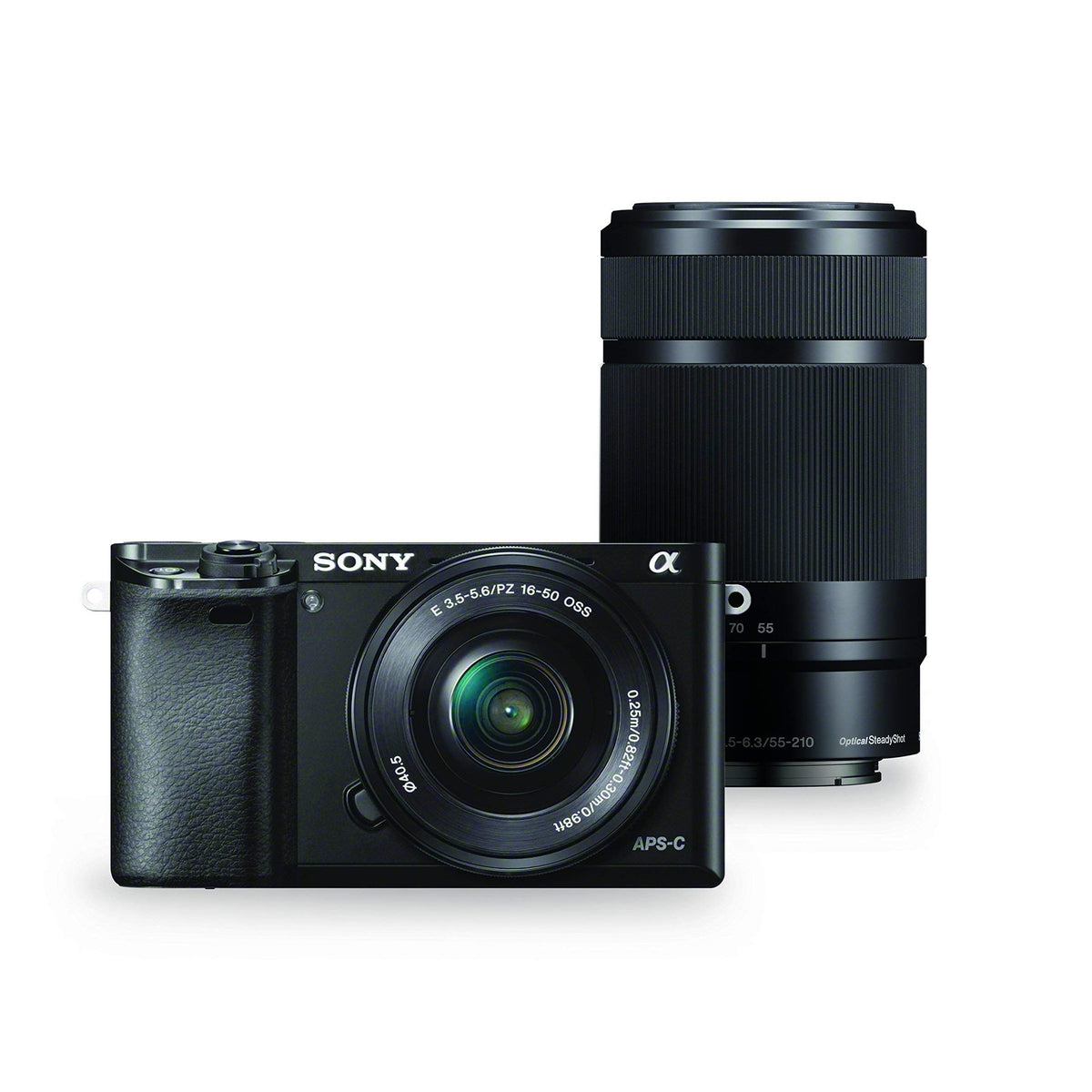 Sony Alpha a6000 kit includes lenses, caps, and case for immediate shooting.