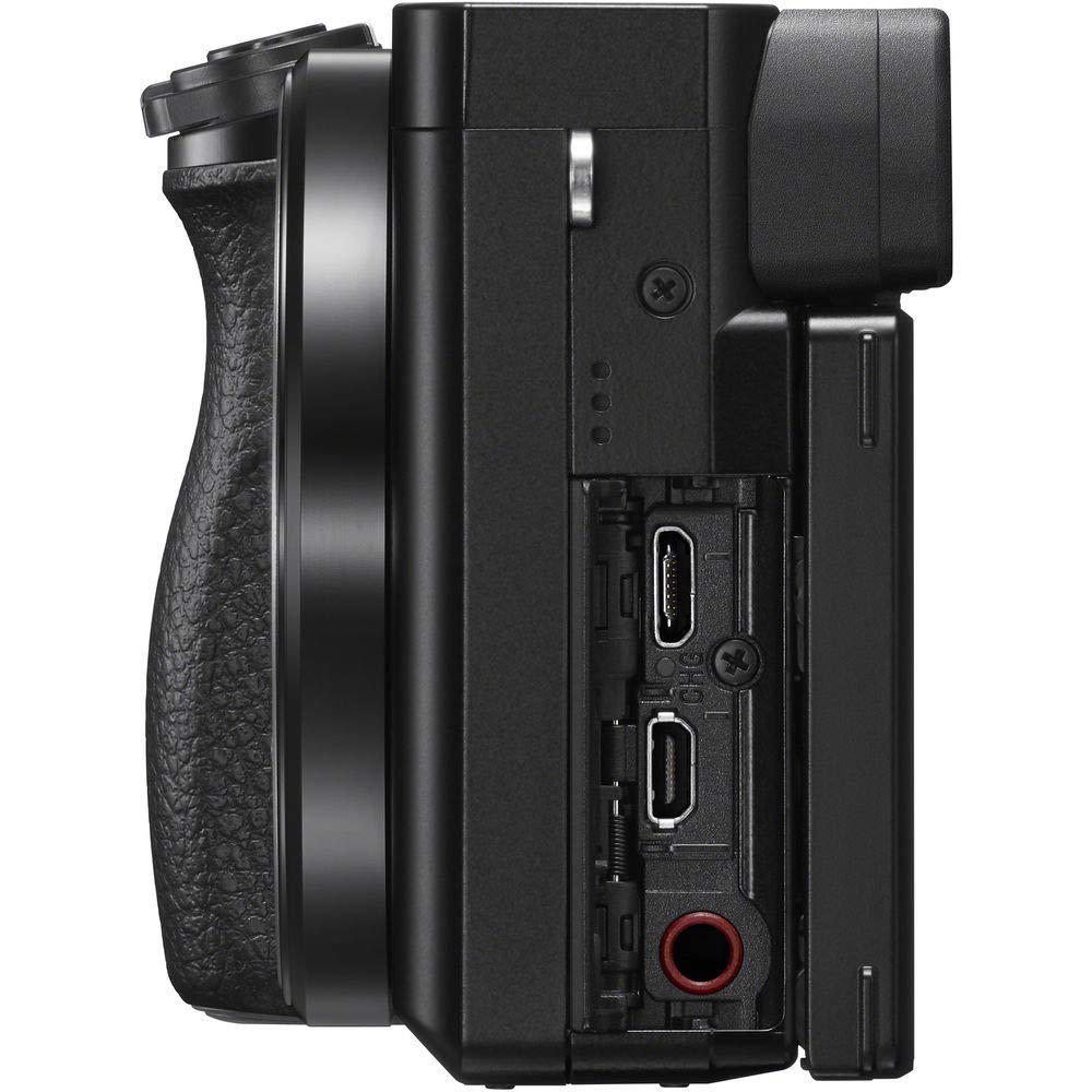 Sony Alpha A6100 records video with mic input and tiltable screen for flexible framing.