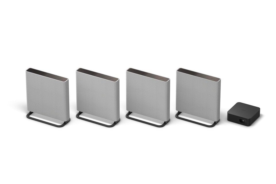 Sony BRAVIA Theater Quad setup with four wireless speakers providing immersive sound