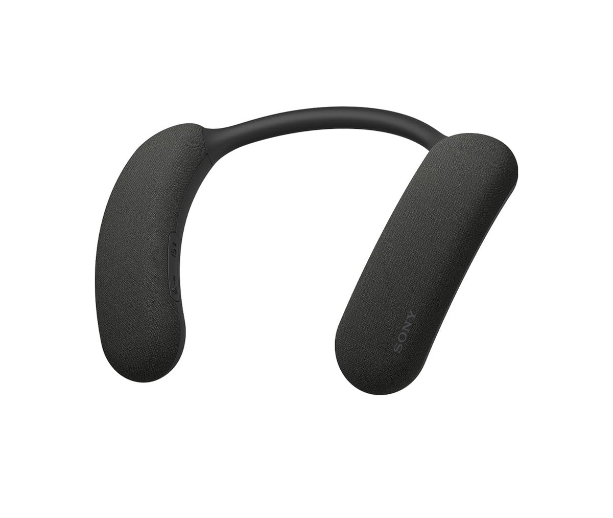 Sony BRAVIA Theater U neckband on shoulders delivers immersive open-ear sound.