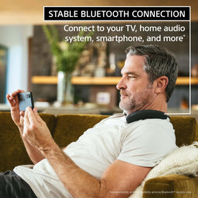 Closeup of Sony BRAVIA Theater U wearable speaker highlighting lightweight comfort.