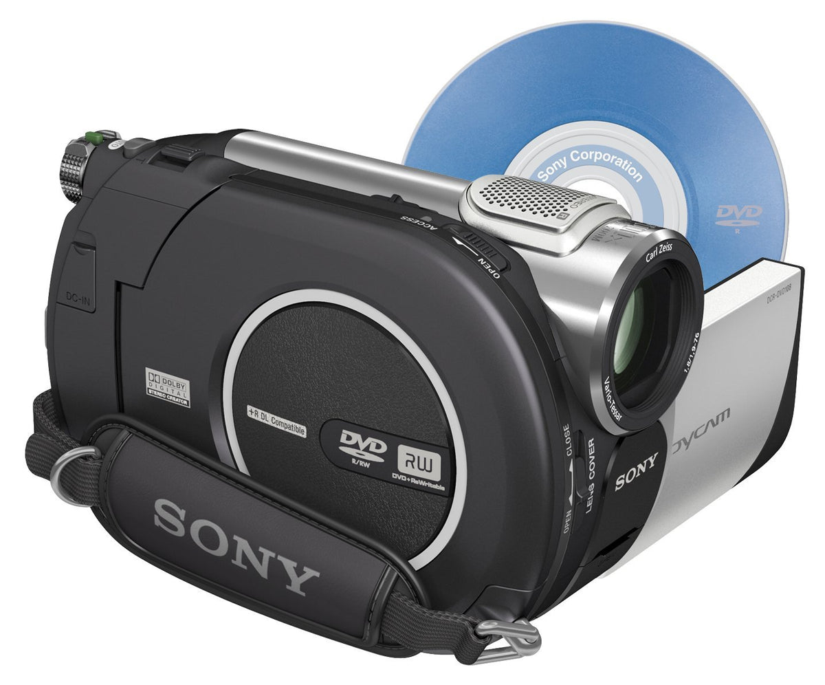 Build area of Sony DCR-DVD108 with DVD slot and media access.