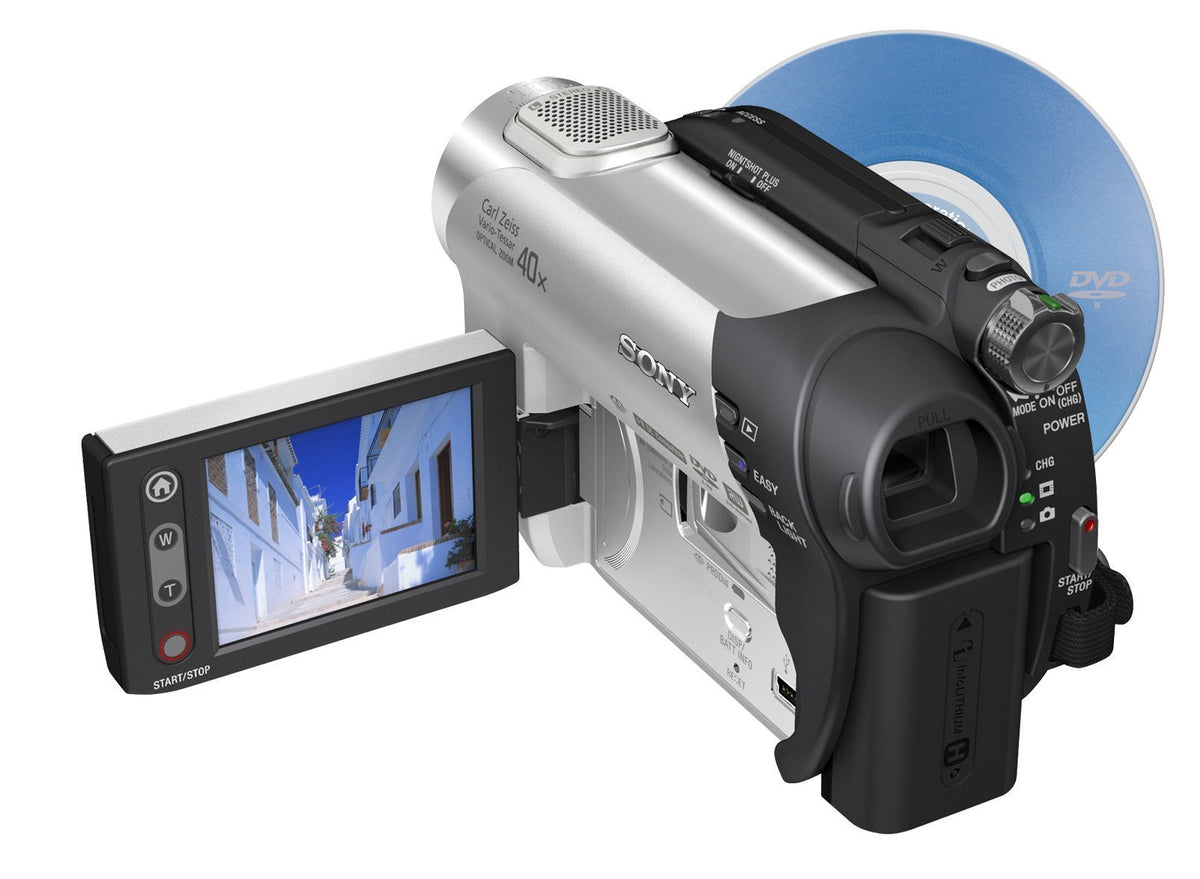 Sony DCR-DVD108 front view highlighting portable design for on-the-go filming.
