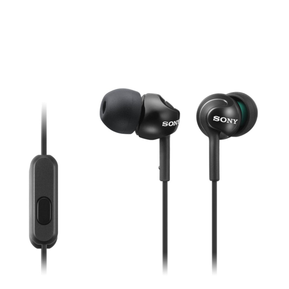Sony earphones front view metallic black showing sleek housings and fit for immersive bass
