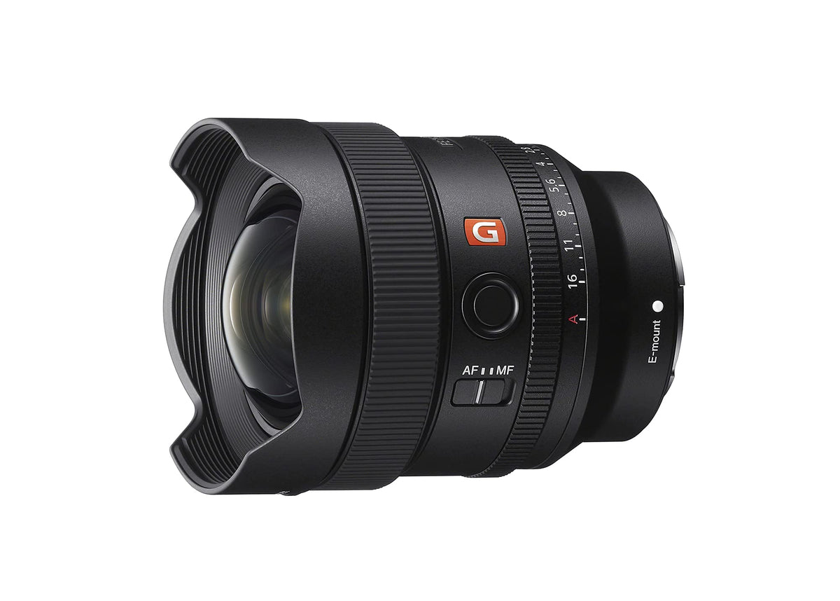 Sony FE 14mm F1.8 GM lens front element with hood for flare control.