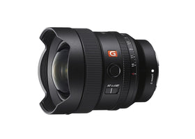 Sony FE 14mm F1.8 GM lens front element with hood for flare control.