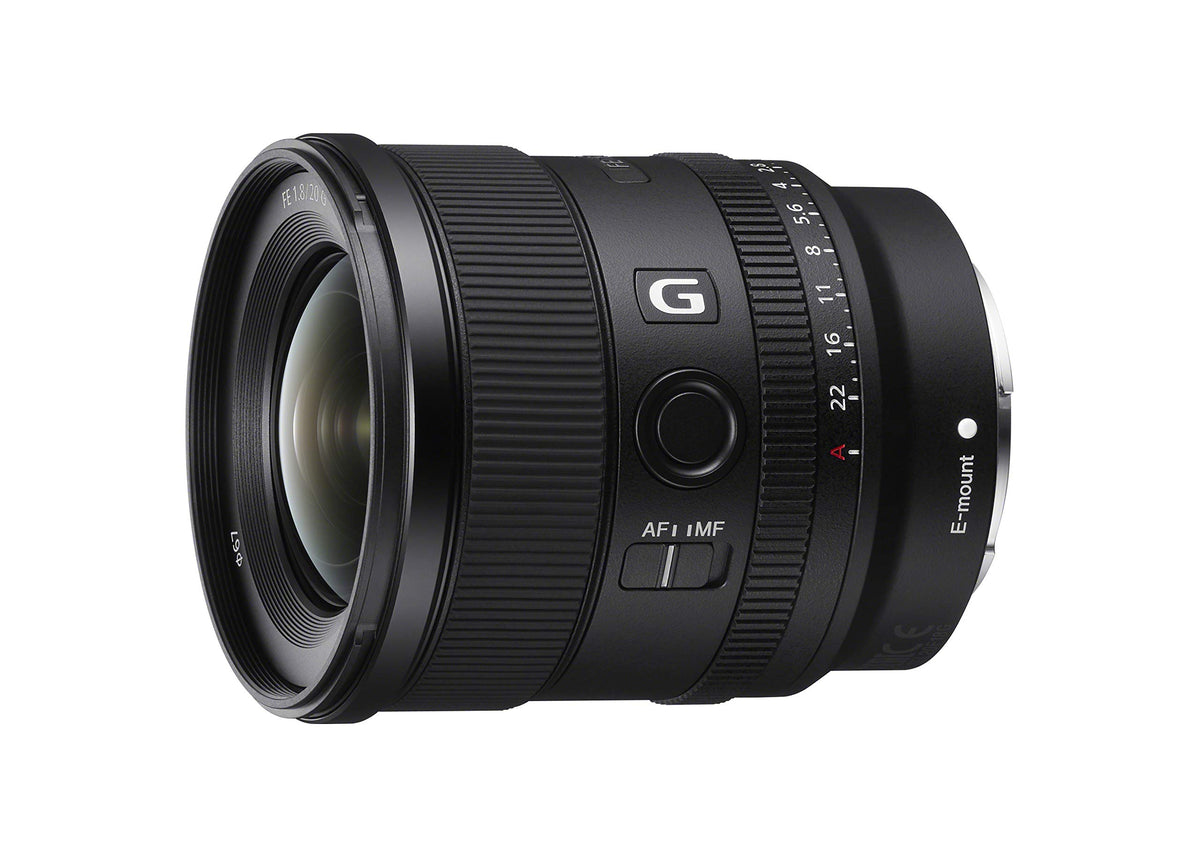 Sony FE 20mm f1.8 G lens front view, compact travel-ready ultrawide.