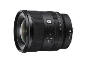 Sony FE 20mm f1.8 G lens front view, compact travel-ready ultrawide.
