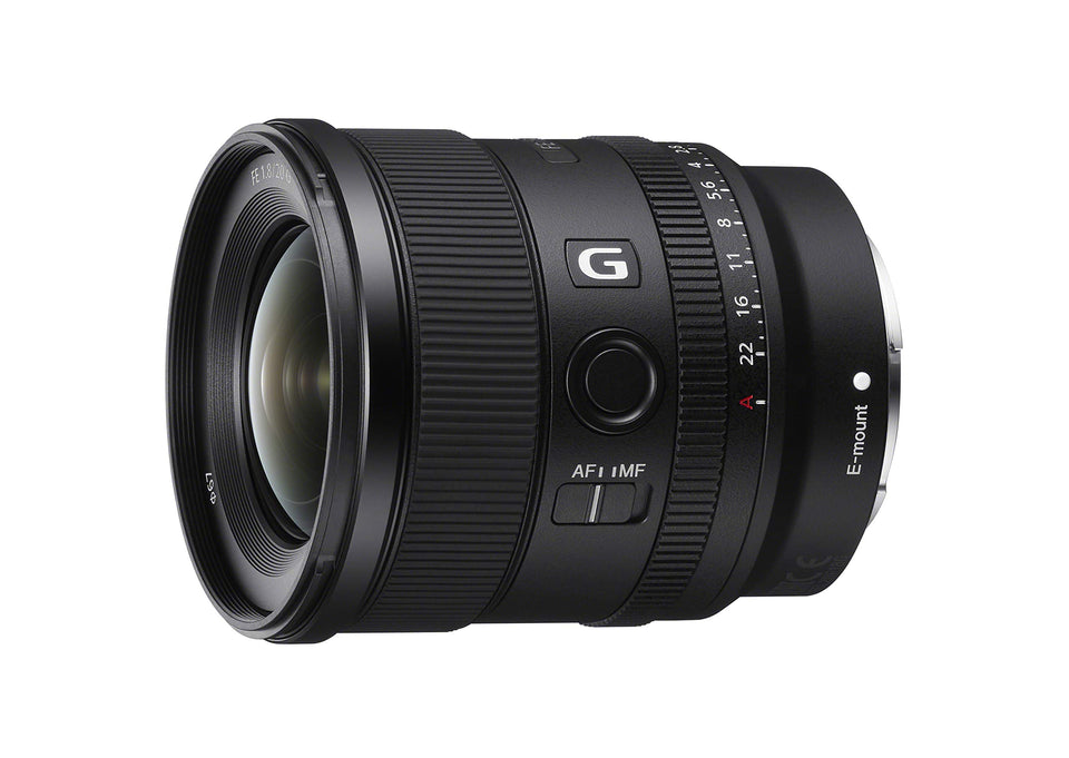 Sony FE 20mm f1.8 G lens front view, compact travel-ready ultrawide.