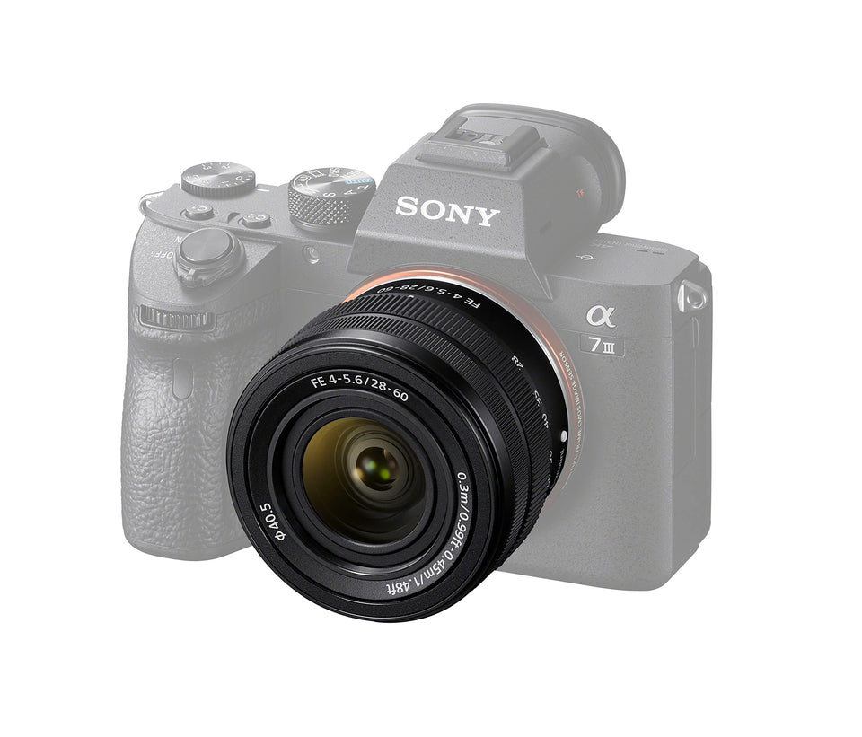 Sony FE 28-60mm lens front view extended showcases compact design for travel and everyday shoots.