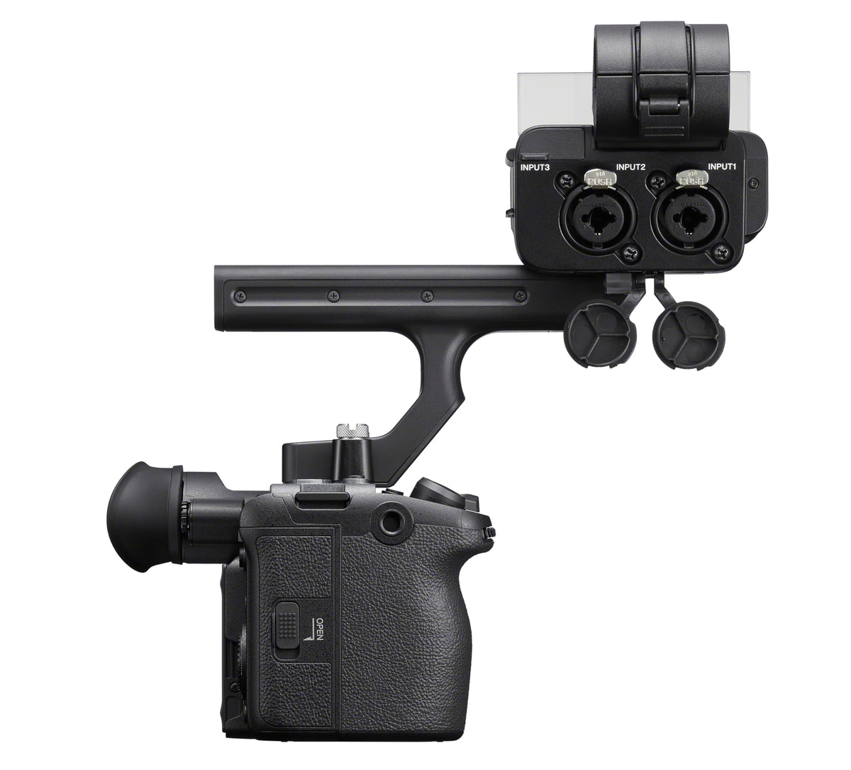 Sony FX2 with XLR handle on the side for pro audio.