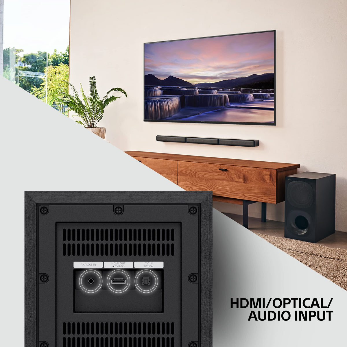 Sony HT-S40R TV connection syncs audio with your display for seamless viewing.