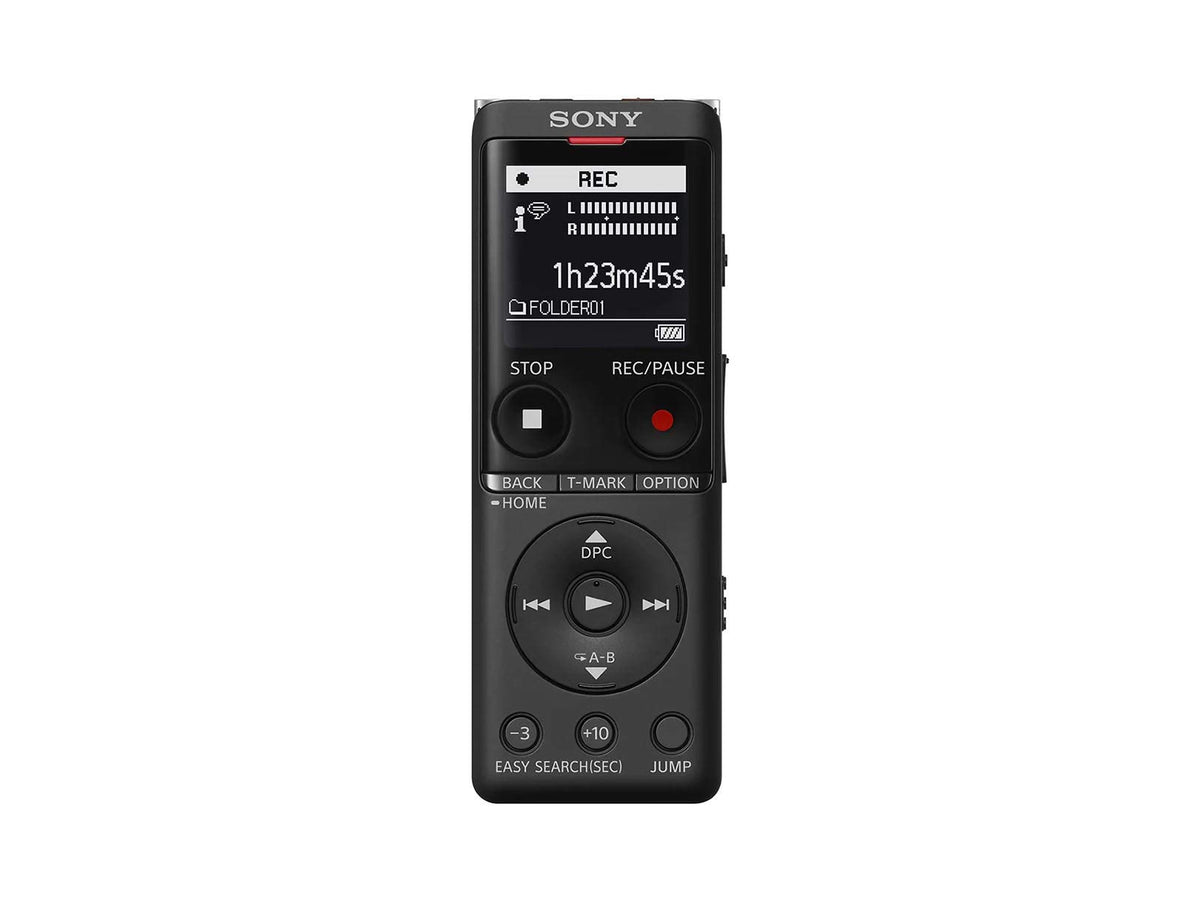 Sony ICD-UX570 front view shows a compact recorder for on-the-go use.