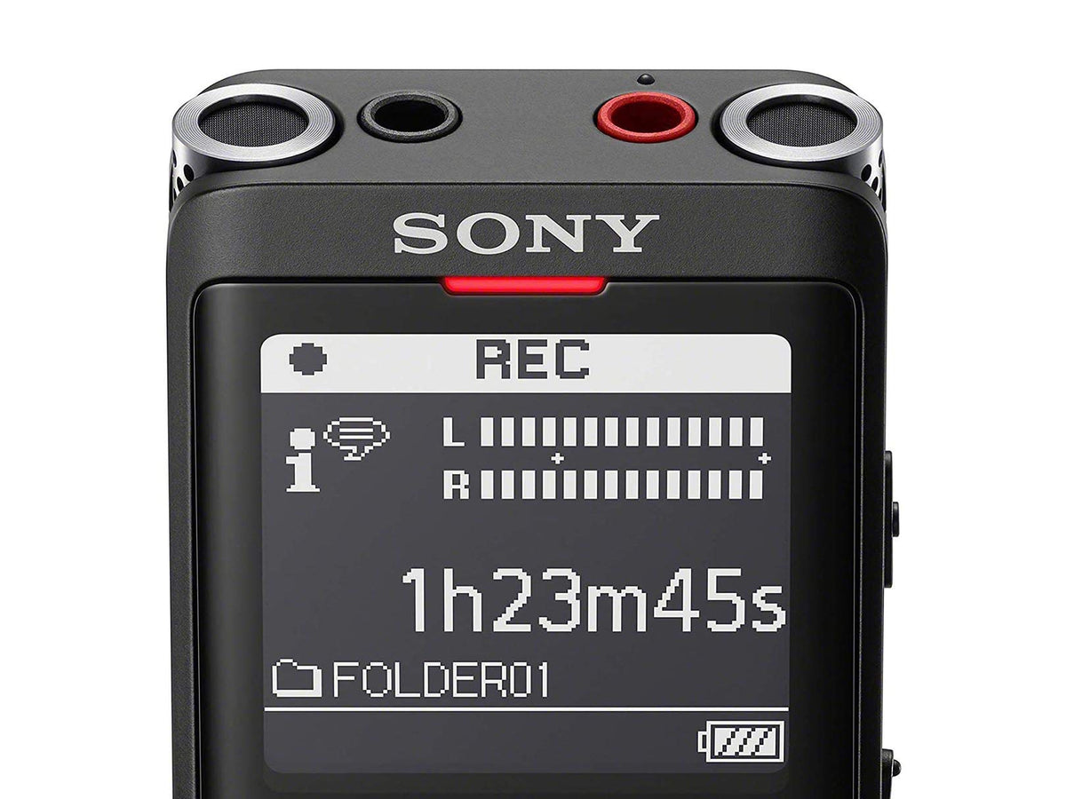 Sony ICD-UX570 side view highlights its lightweight body and long battery life.