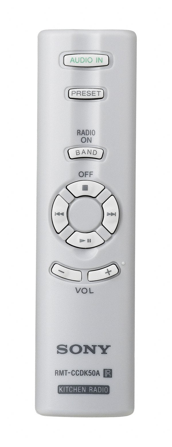 Sony ICFCDK50 magnetic remote attached to fridge for convenient control.