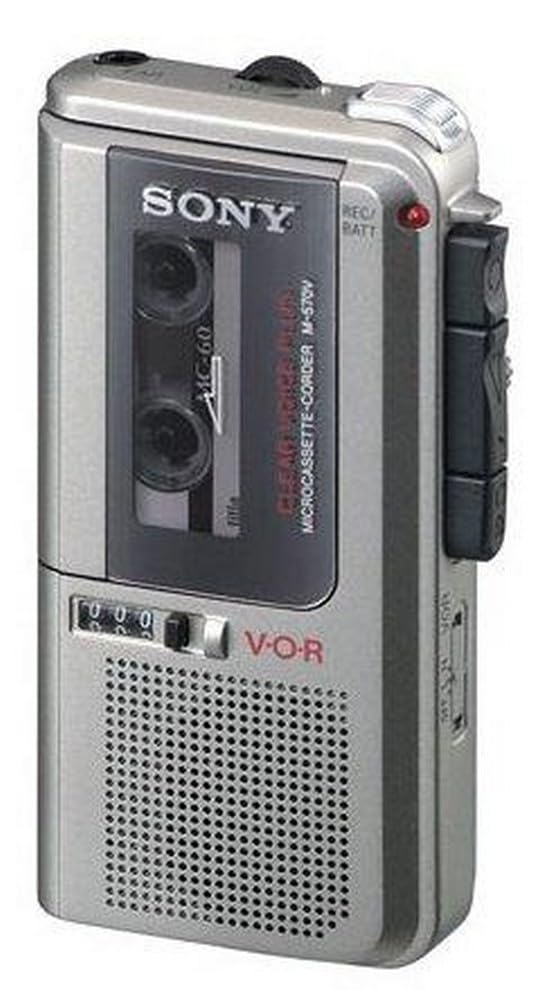 Sony M-570V microcassette voice recorder with built-in mic for easy recording and playback.