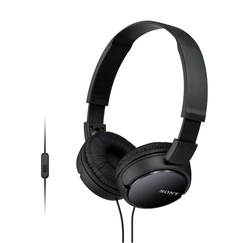 Sony MDR-ZX110AP headphones angled view, lightweight ergonomics for travel and daily listening.