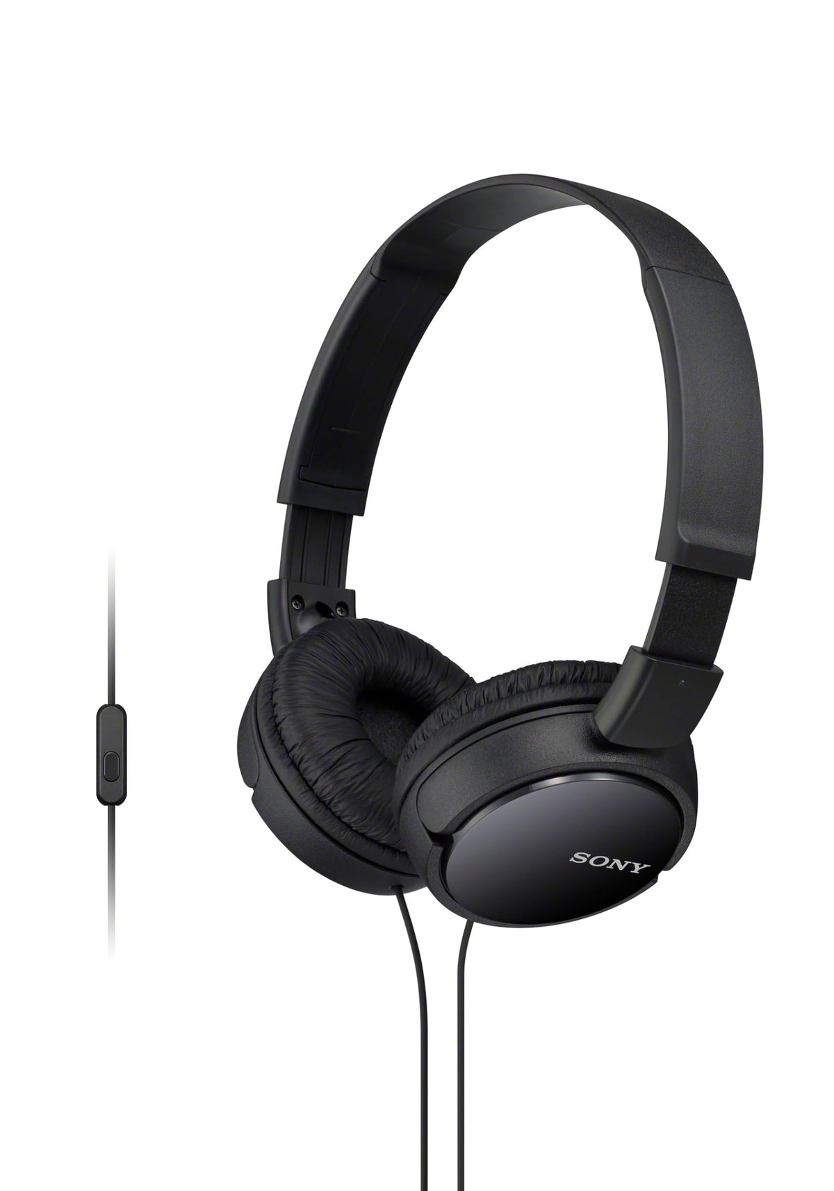 Sony MDR-ZX110AP headphones side view with built-in mic for calls and portable listening.