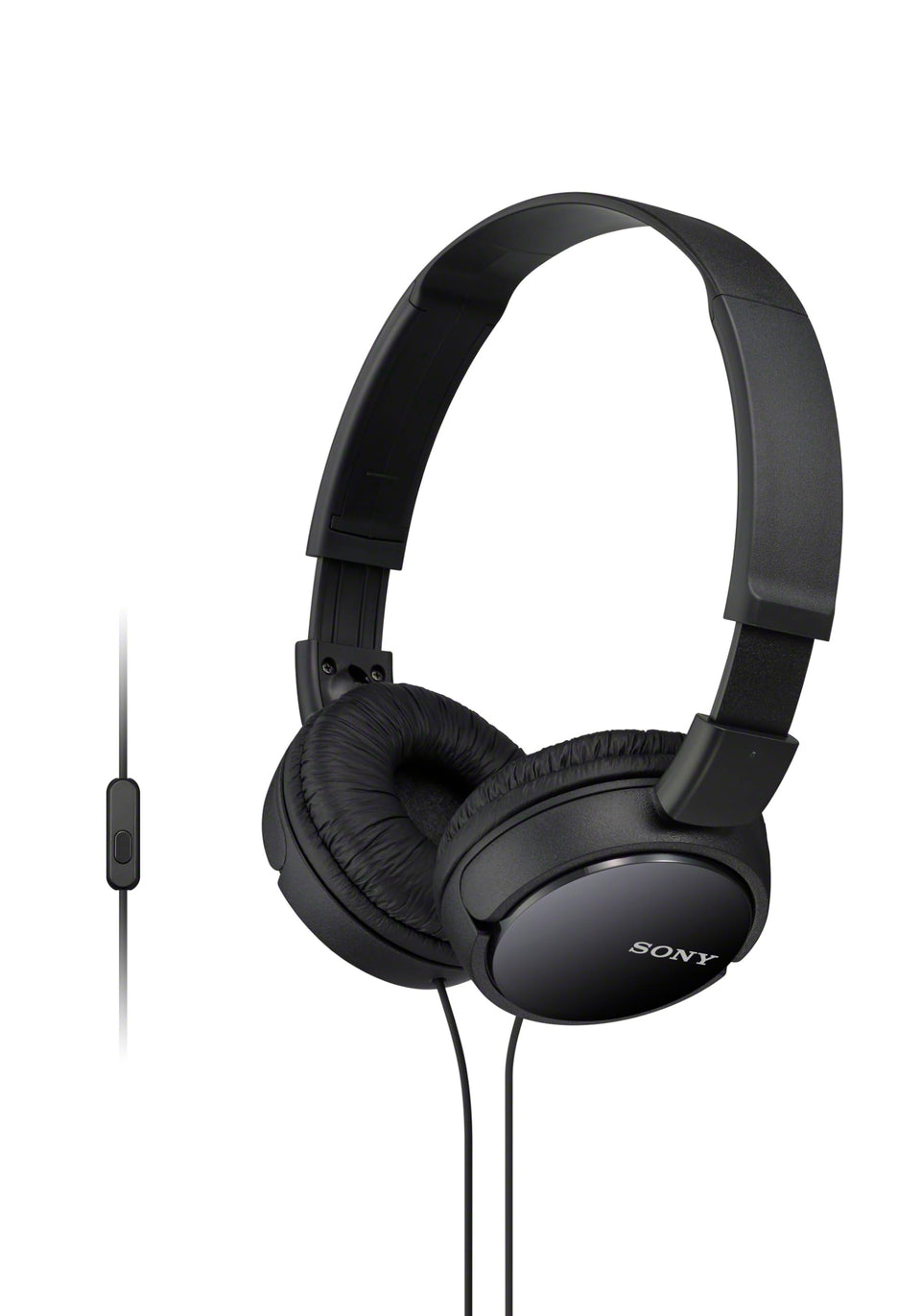 Sony MDR-ZX110AP headphones side view with built-in mic for calls and portable listening.