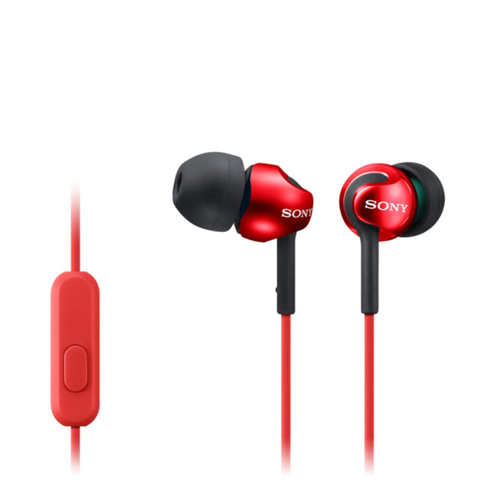 Sony metallic red earphones front view with stylish look and deep bass benefit