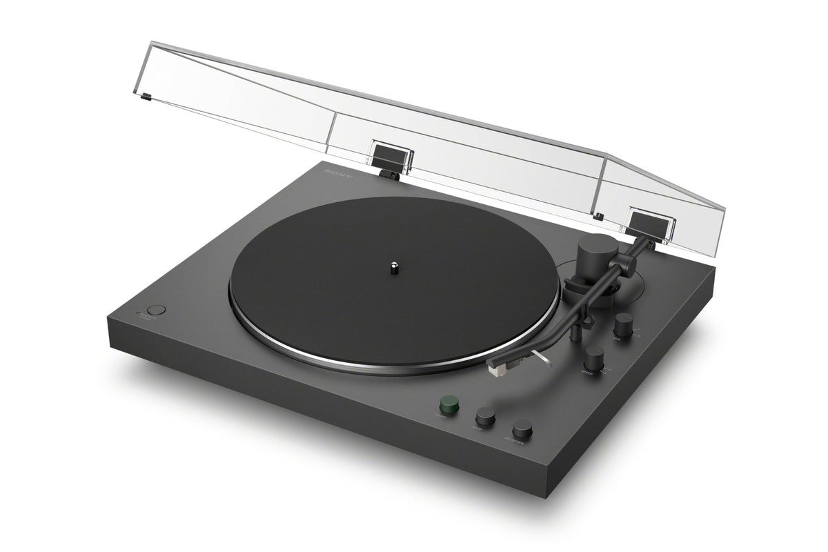 Sony PS-LX3BT turntable with clear dust cover protecting records.