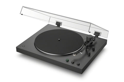 Sony PS-LX3BT turntable with clear dust cover protecting records.
