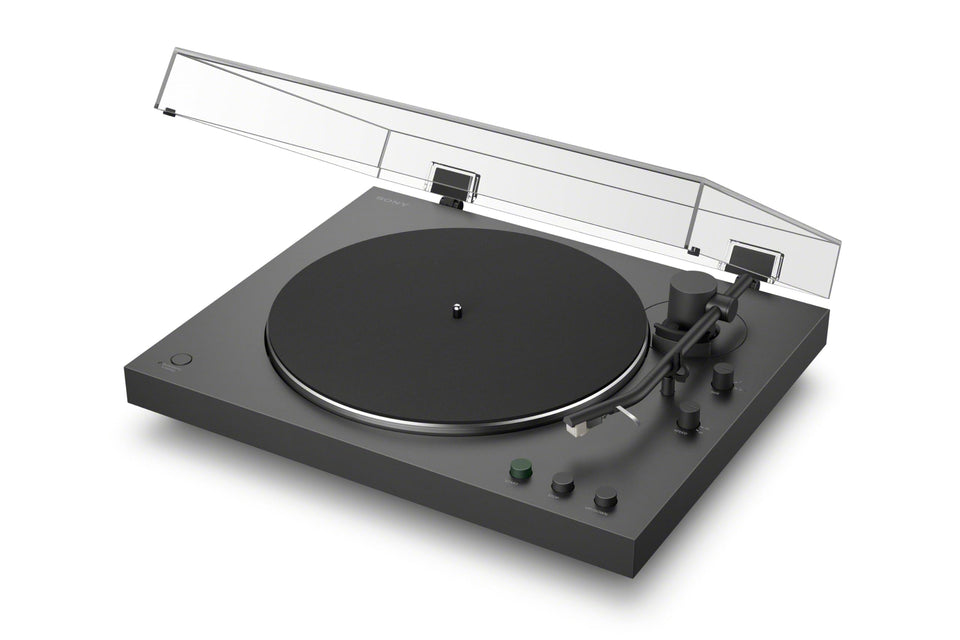 Sony PS-LX3BT turntable with clear dust cover protecting records.