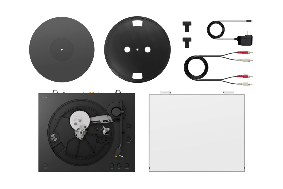 Sony PS-LX5BT 45 rpm adaptor stored under deck for versatile play.