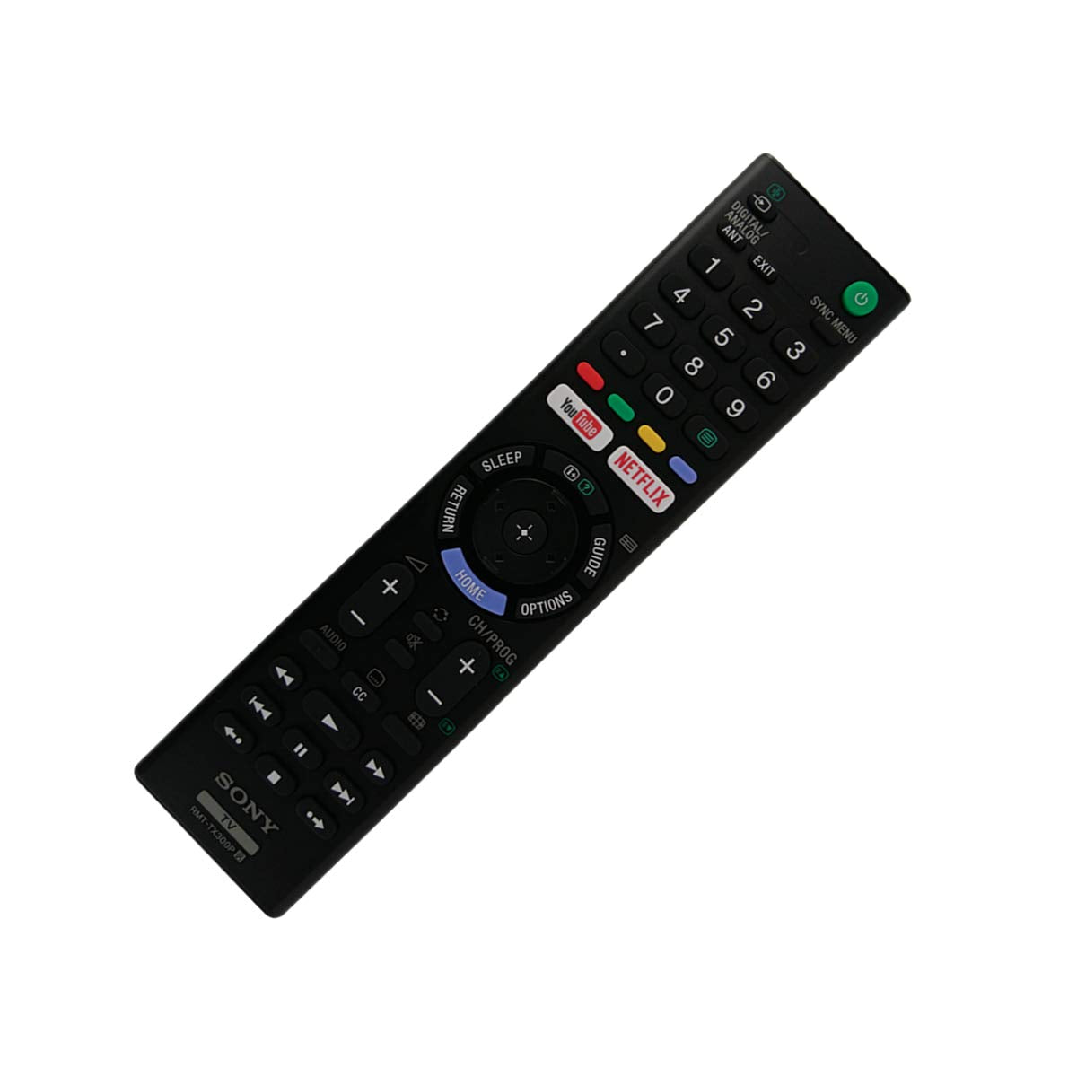 Sony RMT-TX300P remote angled shot emphasizing universal compatibility with Sony TVs